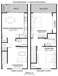 2BR 1.5Bath Floor Plan
